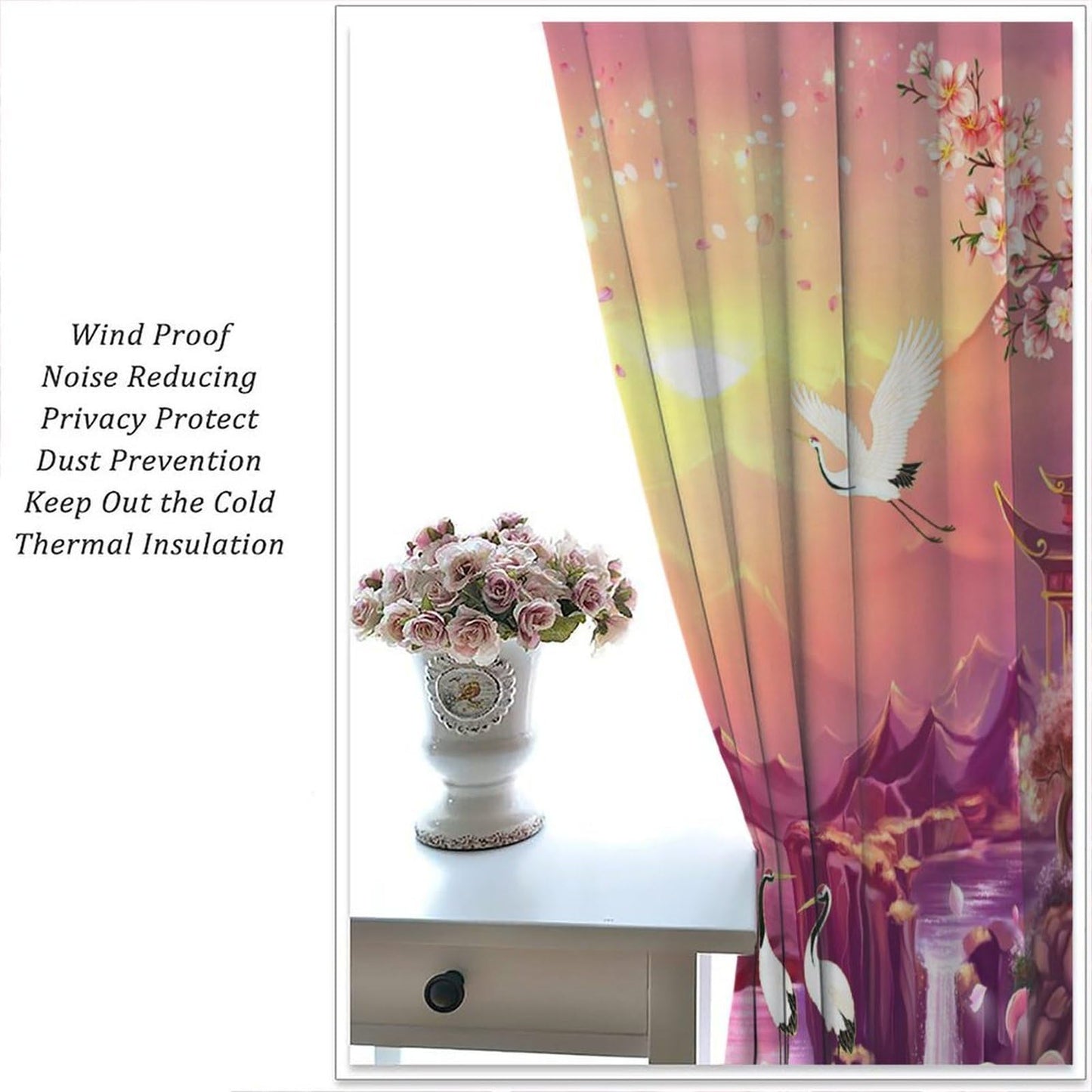 AuiMzoo Cherry Blossom Curtains: Japanese-Style Cranes and Pagodas Against an Oriental Pink Backdrop, Ideal As Blackout Curtains for Bedrooms and Living Rooms42X45 Inch