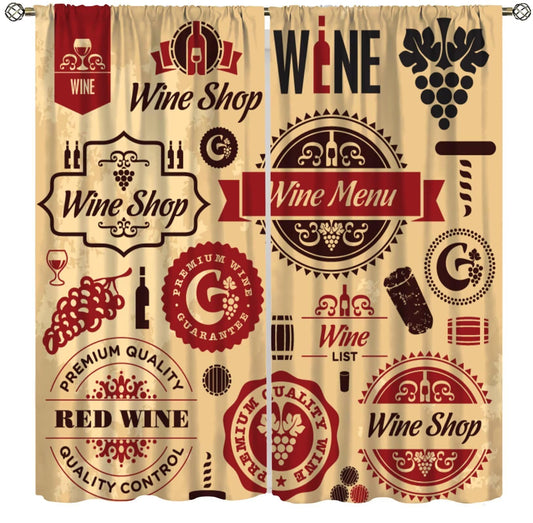 Fblifil Cartoon Wine Curtains, Vintage Rustic Art Glass Bottle Goblet Red Wine Labels Pattern Printed Rod Pocket Window Drapes for Bedroom Living Room Kitchen Bar Decor 42" W X 45" L