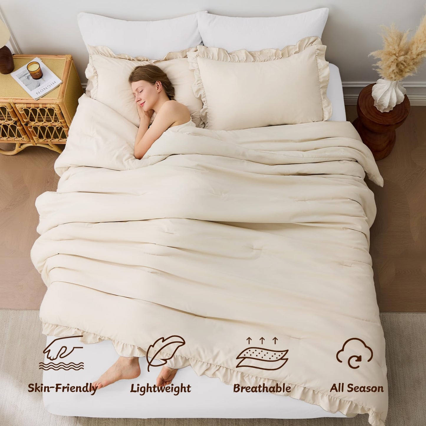 FUANNA Queen Comforter Set Beige 3 Pieces, Ruffle Shabby Chic Queen Bed Set, Fluffy Lightweight Soft Bed in a Bag Queen for All Seasons, Farmhouse Bedding Comforter Sets(1 Comforter & 2 Pillowshams)