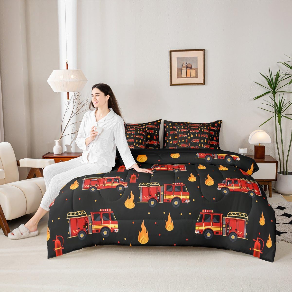 Erosebridal Fire Truck 7-Piece Bedding Set Twin for Boys, Cartoon Red Firemen Car Comforter Set with Sheets for Firefighter Room Decor, Black and Red Bed in A Bag, Fire Engine Bed Sets