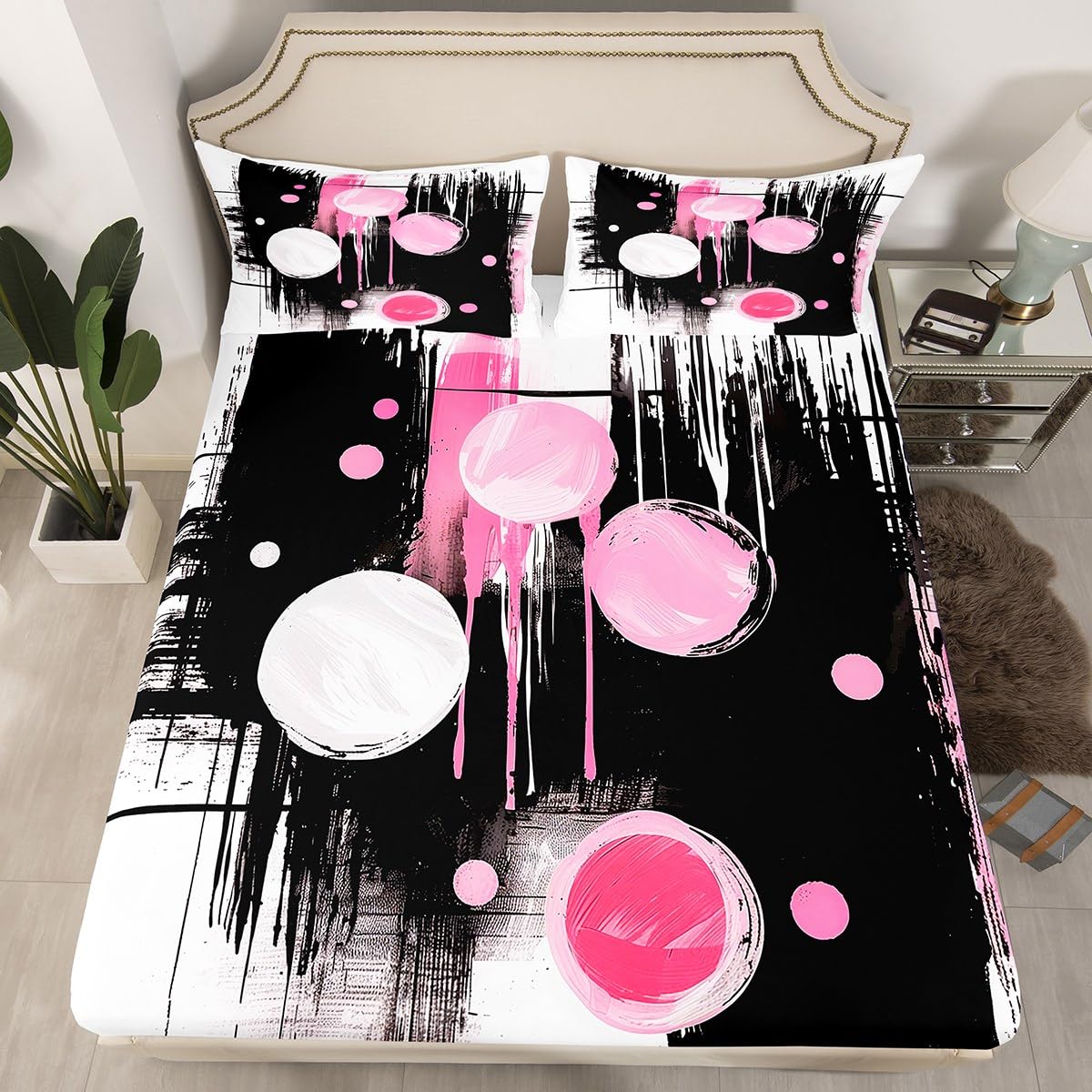 jejeloiu Retro Circle Bed Sheets Set Twin Size Black and Pink Abstract Bed Set Deep Pocket Fitted Sheet Breathable Soft Lightweight Microfiber