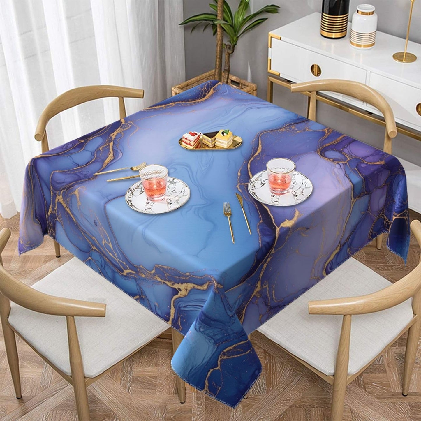 Entemne Square Table Cloth 55x55 Inch Golden Purple Marbling Texture Tablecloth Washable Soft Wrinkle Free Dust Proof Card Table Cover for Tea Party Picnic Kitchen Dining Decor