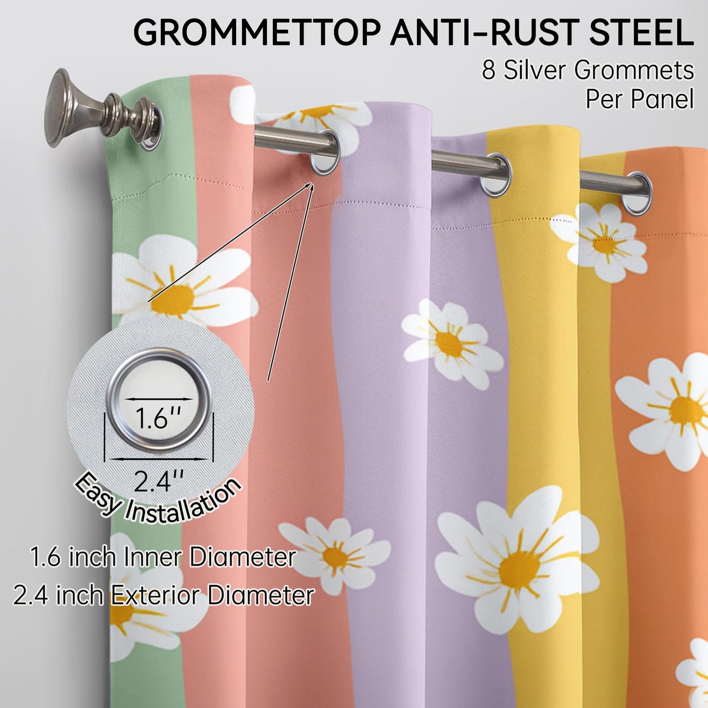 Mistwalk Retro 70s Daisy Blackout Curtains for Bedroom & Living Room, 63 Inch Curtains 2 Panel Set, Room Darkening Thermal Insulated Grommet Drapes, Girls Rainbow Floral Patterned Window Treatments