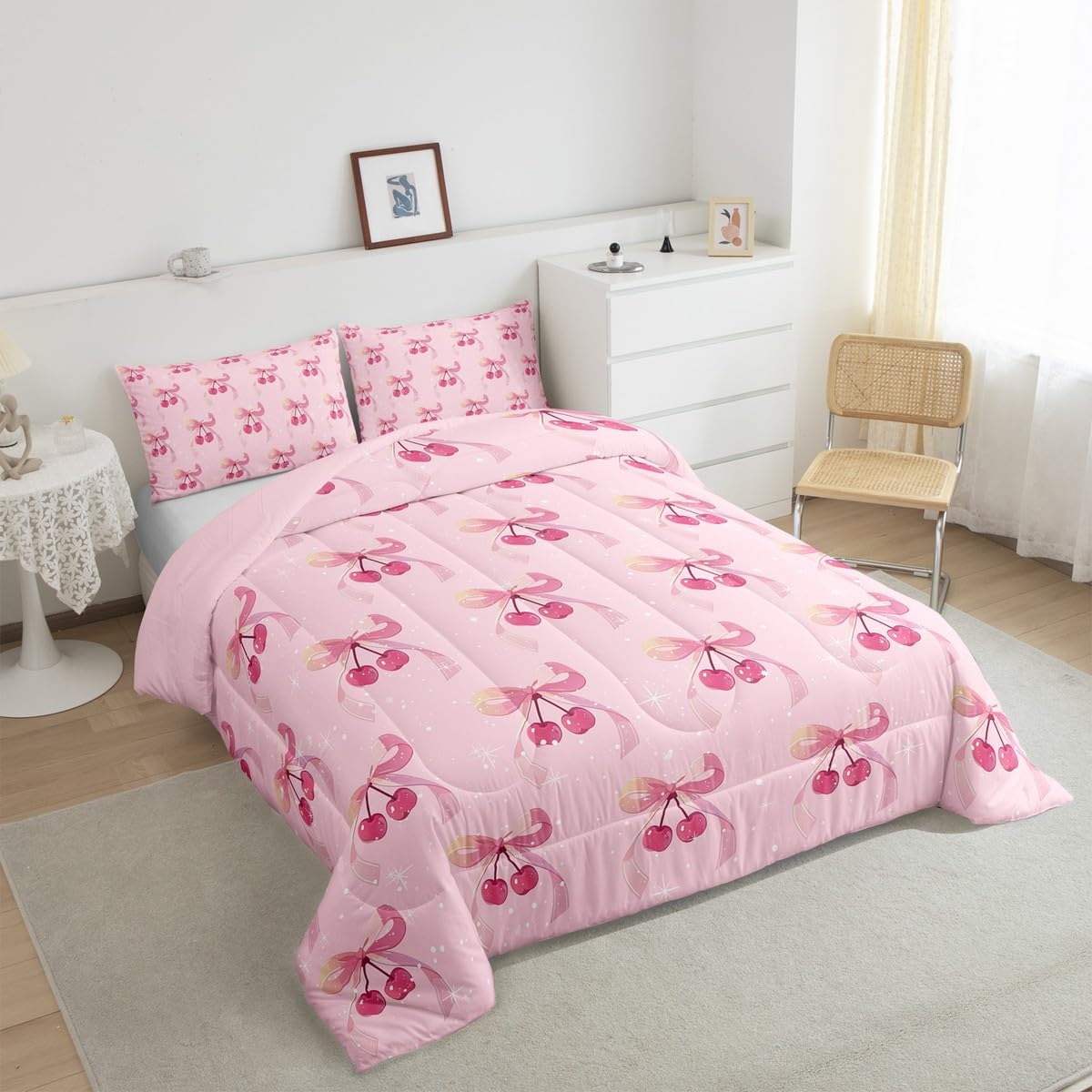 Feelyou Pink Bow Bedding Set Kids Boys Girls Queen Size Cherry Pattern Comforter Set Ultra Soft Cute Coquette Bow Knot Comforter Bow Decor Duvet Quilt Bedroom Decor Bow Knot Quilt