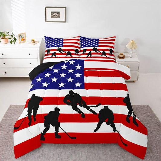 American Flag Comforter Set For Boys, Ice Hockey Down Comforter Full Size, Hockey Player Bedding Set Usa Sports Games Duvet Sets For Kids Boys Teens Adult Bedroom Decor, Red Blue And White