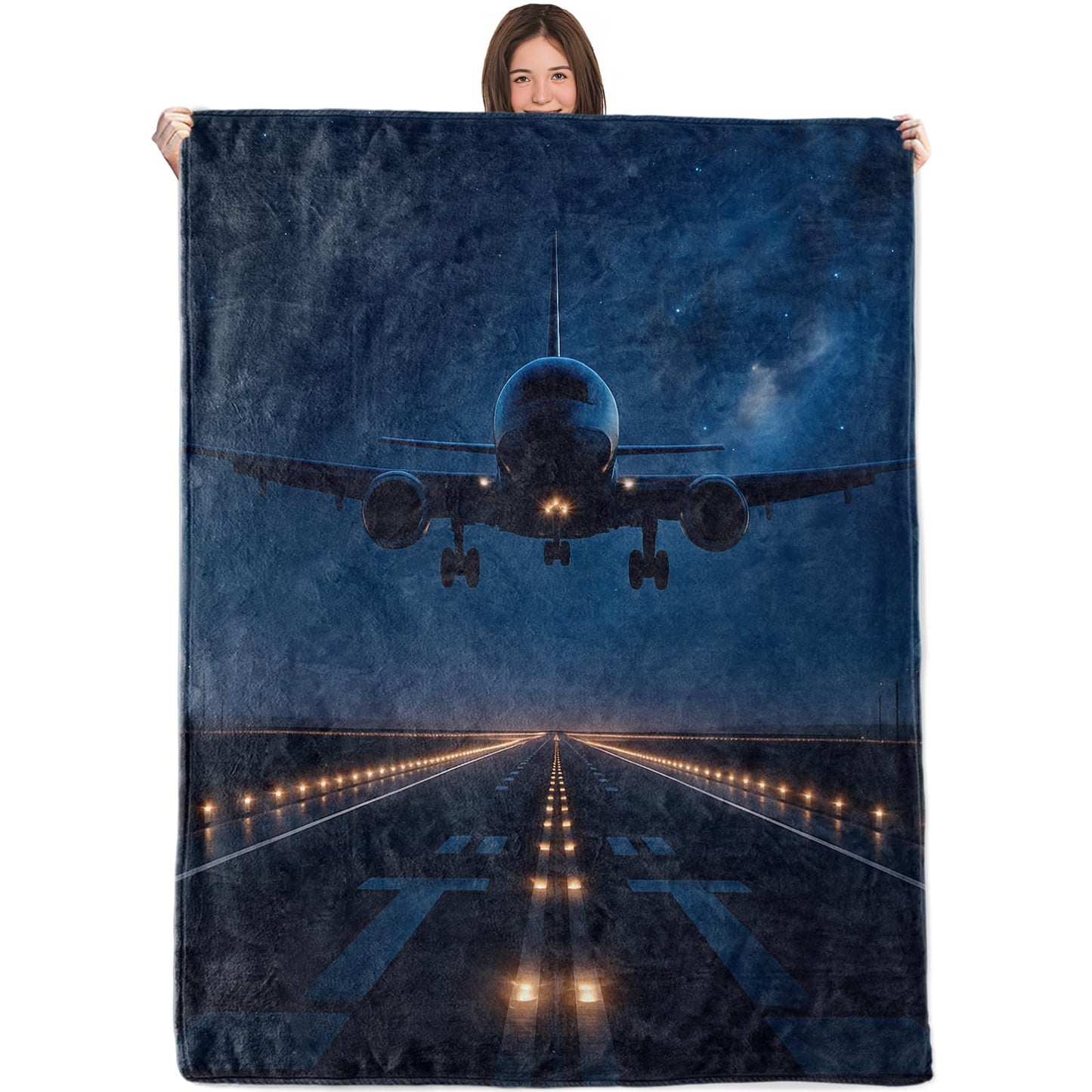 WKEDIN Airplane Blanket,50x60in,Cozy Flannel Throw with Majestic Night Landing Starry Sky Aviation Design,Soft Lightweight Gifts Blankets for Pilot Traveler,Sofa Bed Travel Living Room Cool Decor