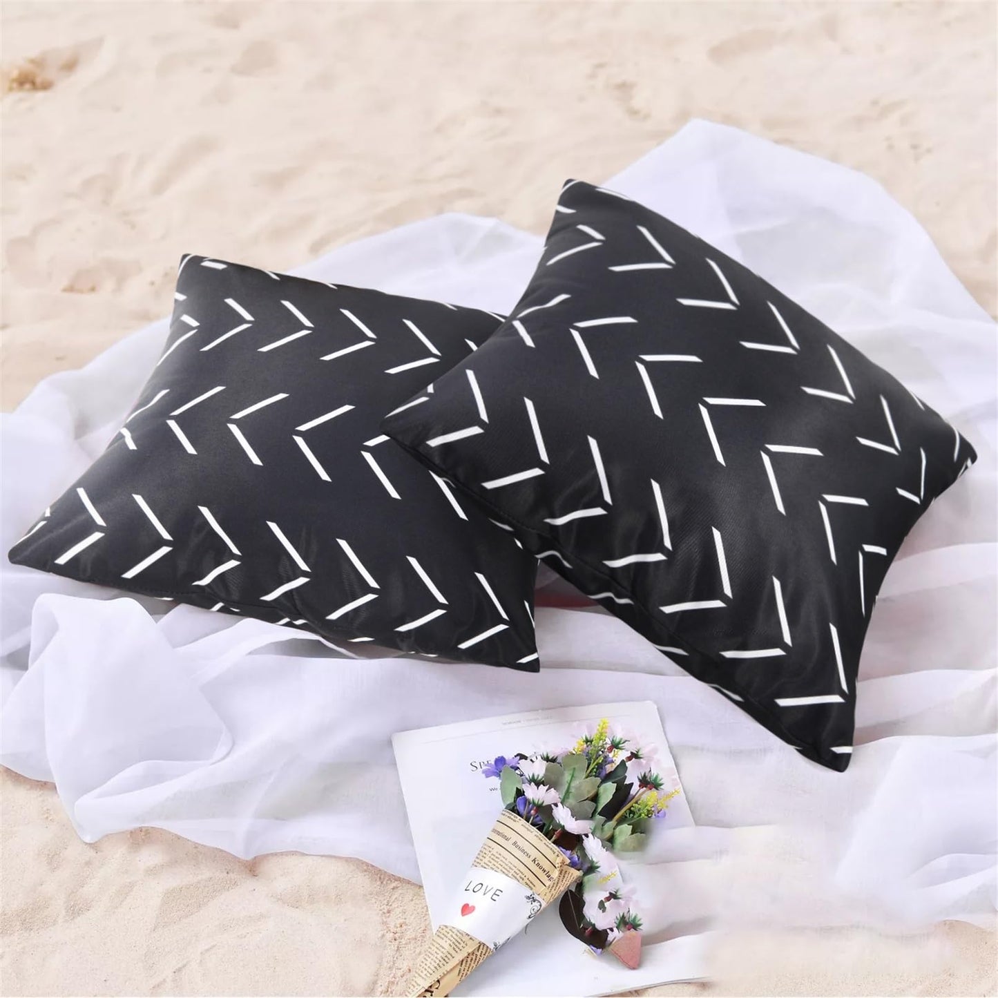 Adabana Outdoor Waterproof Throw Pillow Covers 18x18 Inch Black and White Decorative Boho Pillows Cover Set of 2 for Patio Garden Porch