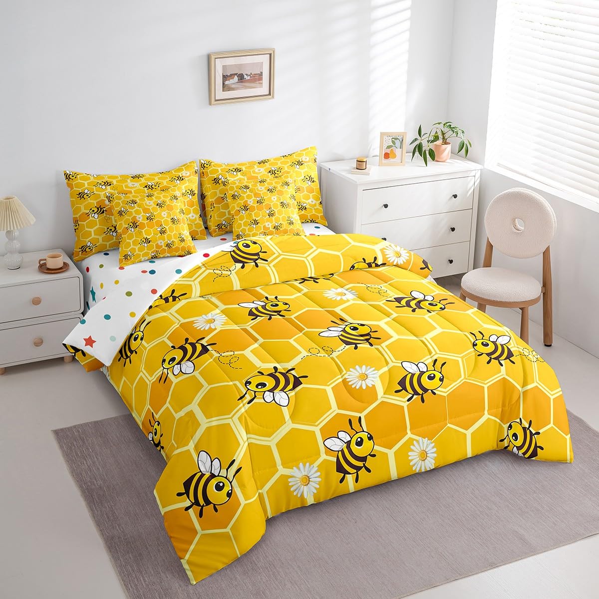 Erosebridal Cute Bee Comforter Set 7 Piece Bed in a Bag Twin,Hexagon Beehive Honeycomb Bedding Sets Rustic Daisy Flowers Comforter and Sheet Set,Cartoon Honeybee Wild Animal Bed Set