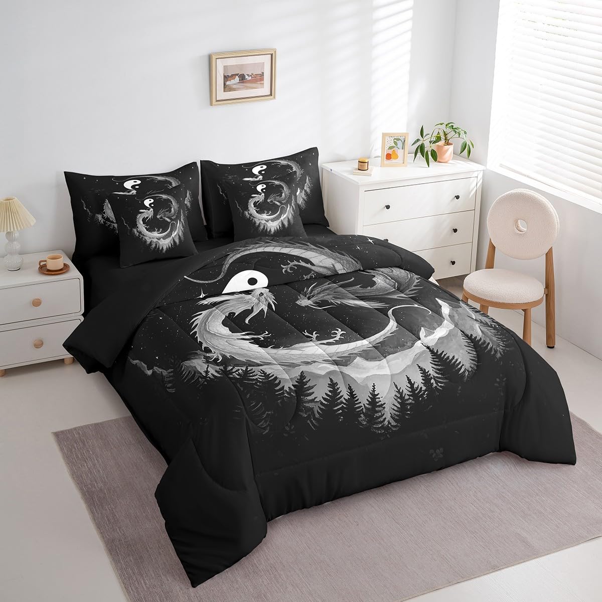 7 Pieces Dragon Taiji Comforter Set Queen,Japanese Style Bed Set for Kids Boys Girls,Glitter Star Pine Tree Bedding(1 Comforter,1 Fitted Sheet,1 Flat Sheet,2 Pillowcases,2 Throw Pillow Covers