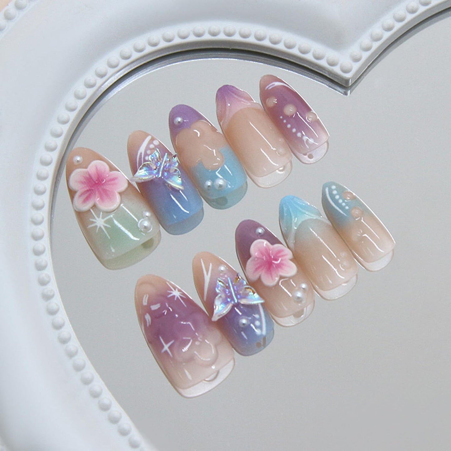 Aurora 3D Flower Butterfly Press On Nails - Medium Almond Fake Nails with Iridescent Gradient & Rhinestone Designs,Glossy Reusable Full Cover False Nails with Glue Tabs for Women, 30Pcs Nail Kit