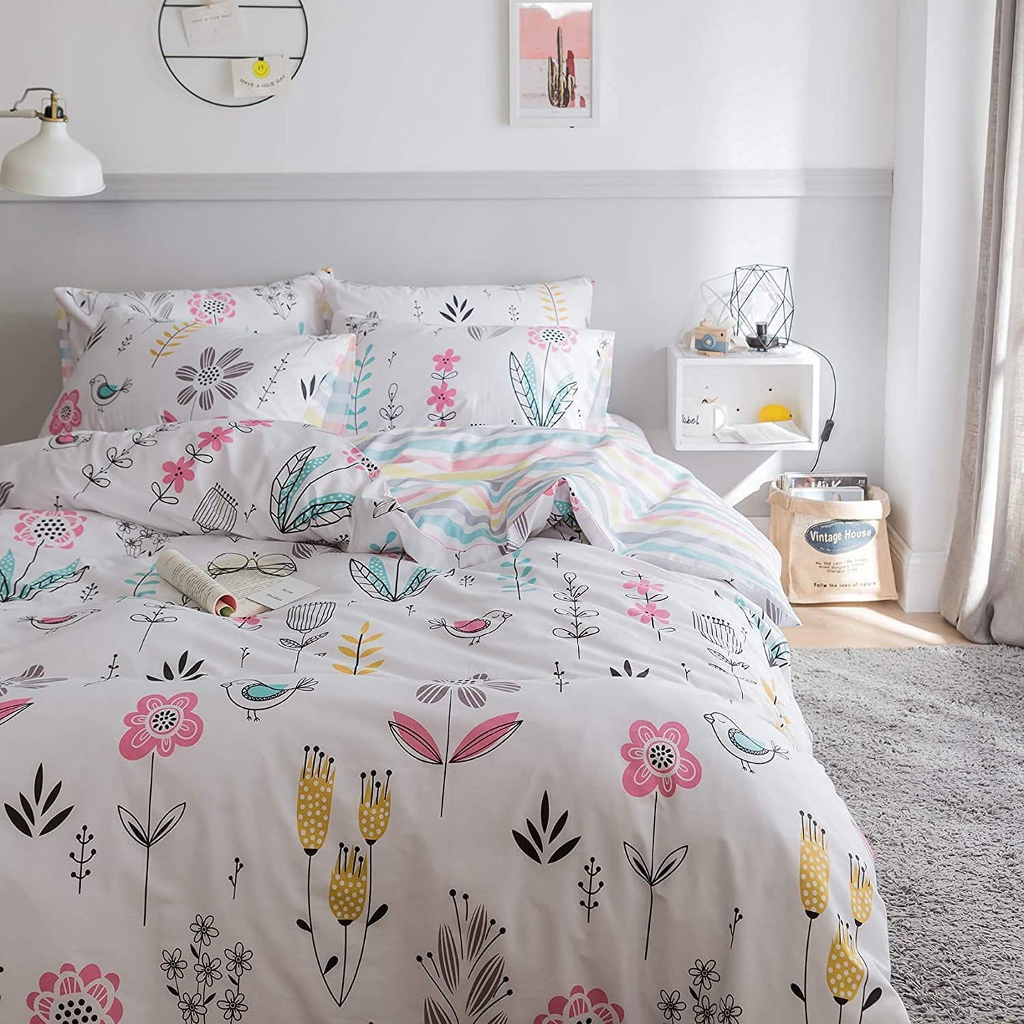 BuLuTu Floral Bird Print Pattern Girls Boys Duvet Covers Queen White Premium Cotton Nature Blossom Colorful Reversible Kids Bedroom Comforter Cover Full Bedding Sets for Teen Toddler,Zipper Closure