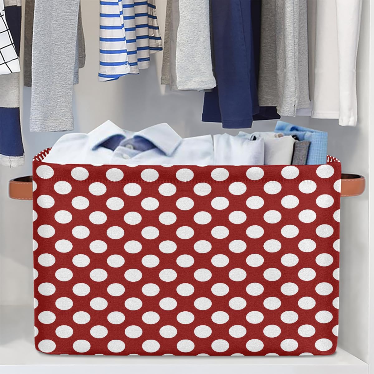 OSAM SPACE Storage Basket Bin Polka Dots Pattern Rectangular Storage Basket Cube With Handles, Red White Laundry Storage Organizer Basket for Toy Nursery Closet Shelves Bedroom Home