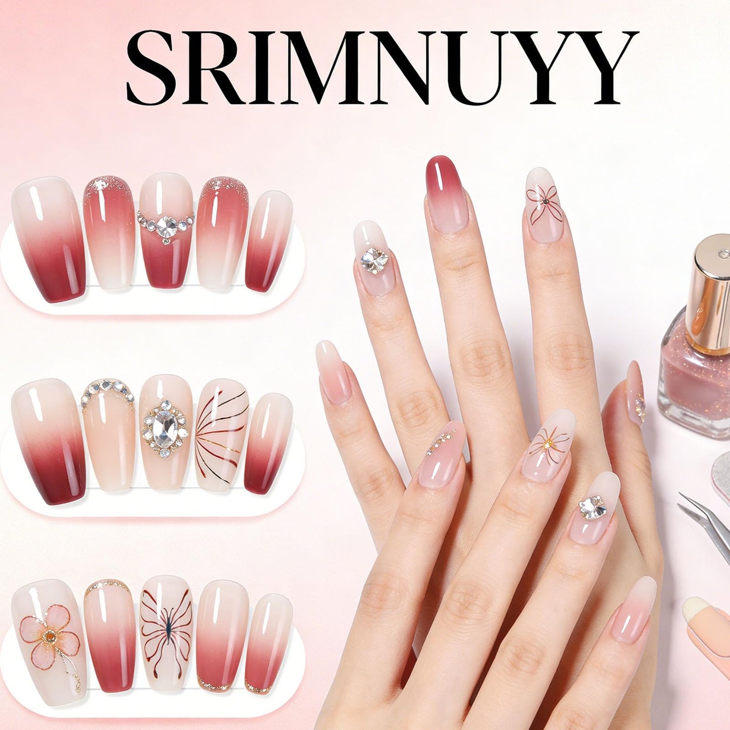 Medium Press on Nails Square White French Tip False Nails with Glitter Design Cute Fake Nails Light Pink Full Cover Nails Press ons Glossy Glue on Nails for Girls and Women 24Pcs