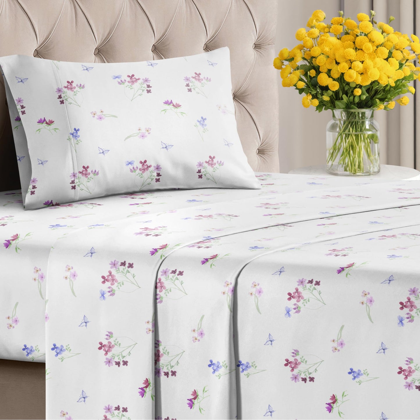 Floral Sheets - Butterfly Floral Bed Sheet Set - 1 Flat, 1 Fitted & 1 Pillowcase w/ Deep Pockets - Comfy, Wrinkle & Fade Free - Boho Botanical Bedding - Soft, Breathable and Cooling - Twin Size Set