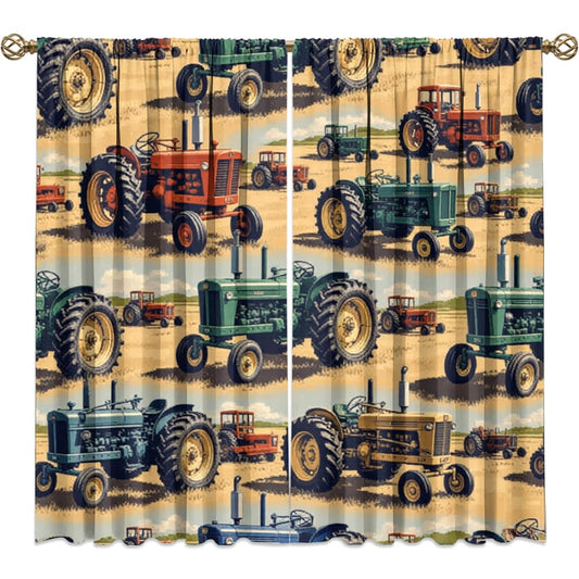 KuracleGH Cartoon Western Farmhouse Tractor Blackout Curtains-Rustic 70s Colorful Truck Rod Pocket Back Tab Drapes,Farm Harvester Tractor Thermal Insulated Light Blocking Curtain,2pc,Each 21“W x 45”L