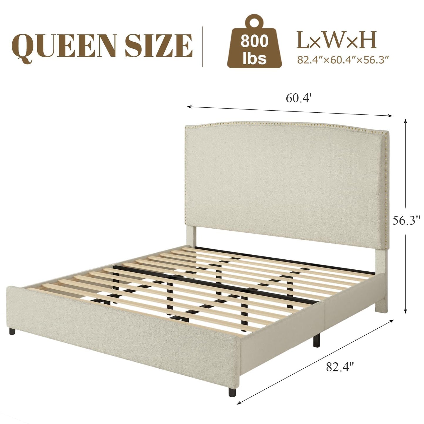 BarnFurin Queen Size Bed Frame with Headboard, 56" Upholstered Platform Bed with Nailhead Trim, Soft Boucle Fabric, No Box Spring Needed, Easy Assembly, Beige