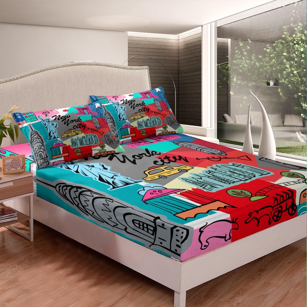Statue of Liberty Fitted Sheet New York Cityscape Bed Sheet Set for Kids Children Teens Famous City Scene Bedding Set Historical Scenery Bed Cover Full Size with 2 Pillow Case