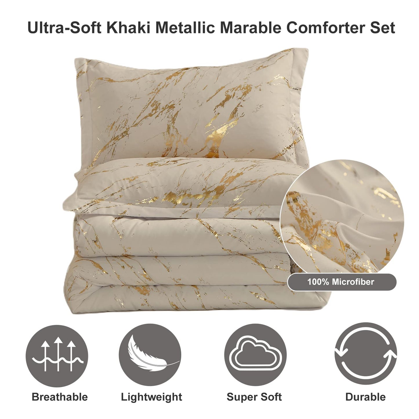 WONGS BEDDING Khaki Gold Metallic Marble Comforter Set Queen Foil Print Glitter Bedding Sets with 2 Pillowcases for All Seasons, Soft Microfiber Filling Bedding Duvet Set 90"x90"