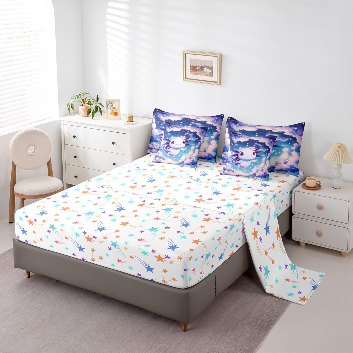 Dreamy Axolotl Queen Comforter Set for Girls Kids Cute Axolotl Bed in a Bag with Flat and Fitted Sheet Teen Preppy Fantasy Galaxy Sky 7-Piece Bedding Set Kawaii Purple Salamander Quilt Duvet Sets