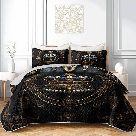 XYNHML Golden Crown Printed Quilt Bedding Full 3Pcs Diamond King Crown Bed Set Retro Mystic Flower Pattern Lightweight Soft Bedspread Coverlet with 2 Pillowcases for Kid Boy Girl Teen Adult Bed Decor
