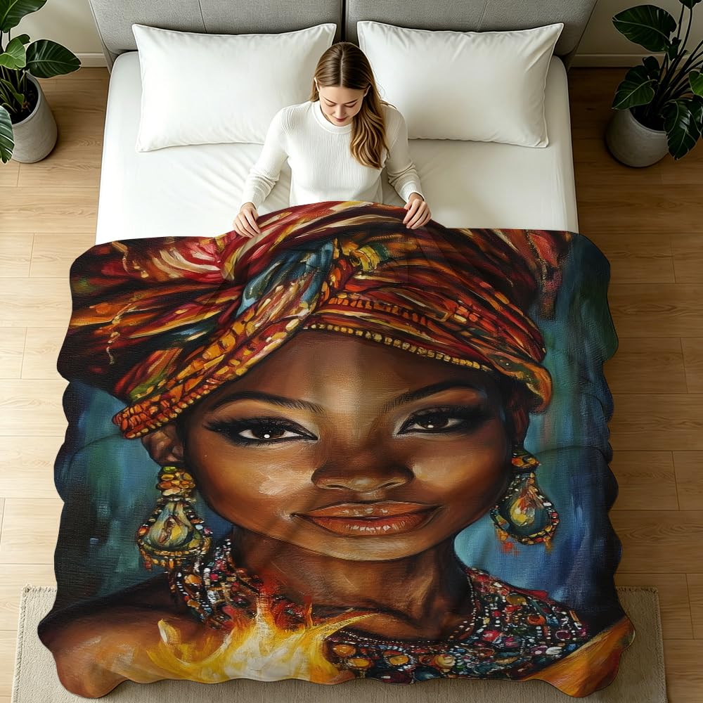 HUNXIAOJ African American Throw Blanket Black Girl Blanket African Gifts for Women Tribal Bedding Ethnic Decor Warm Soft Flannel for Sofa Couch (49in x 59in)