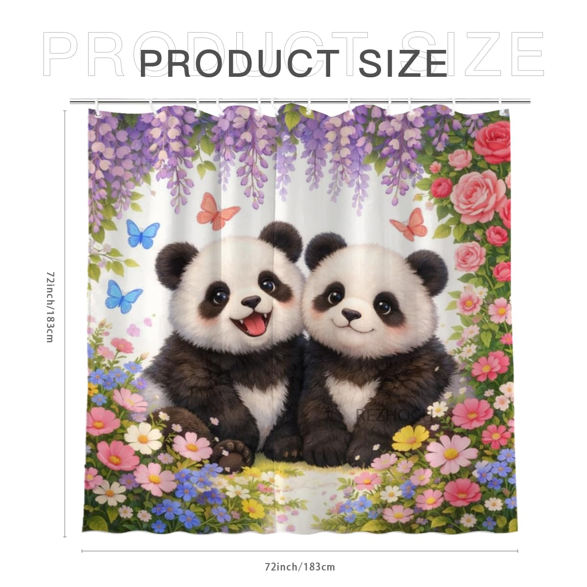 REZHOCH Fun Panda Shower Curtain 72x72Inch,Floral Home Bathroom Decor Spring Summer Garden Flowers Wisteria Rose Butterfly,Cute Animal Waterproof Fabric Bath Set with Hooks