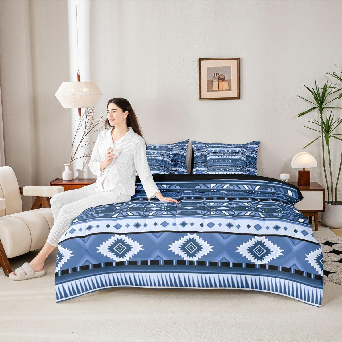 Erosebridal White Dark Blue Aztec Farmhouse Full Comforter Set 7 Pieces | Cowboy Cowgirl Bohemian Bed in A Bag for Bedroom Southwestern Adults Bedding Set with Comforters Geometric Tribal Room Decor