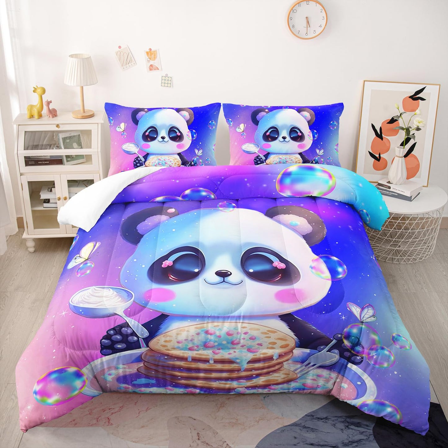 Nttopship Kawaii Panda Comforter Set Queen, Violet and Pink 3 Pieces Bedding Set for Teens Kids,Kawaii Down Alternative Bed Comforters Bedding Sets for All Season