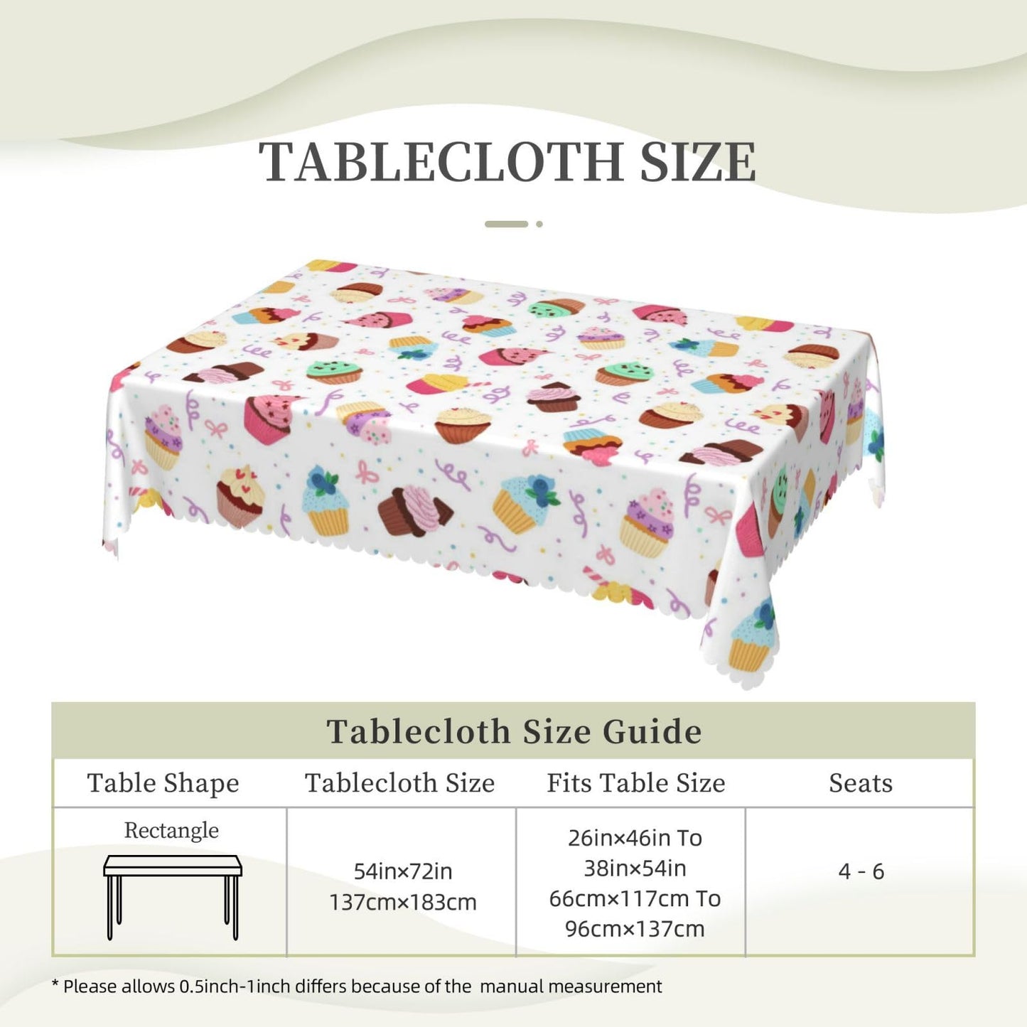 DRAVVIX Cute Cupcakes Rectangular Tablecloth Cartoon Cakes Table Cloth with Wavy Lace Decoration Polyester Table Cover for Dining, Parties 54x72 inch
