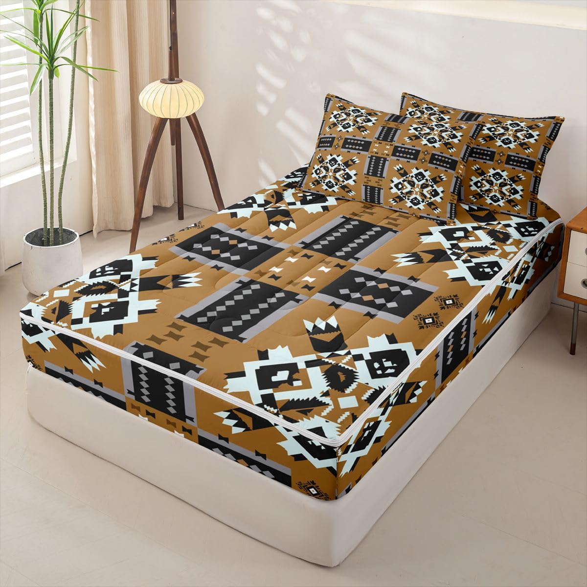 Caramel Tan Southwestern Full Zipper Comforter Set,Lightweight Aztec Tribal 4 Piece Complete Bedding Set Bed in a Bag with Fitted Sheet & Pillowcases,Black and White Geometric for Kids Boys Teen Girls