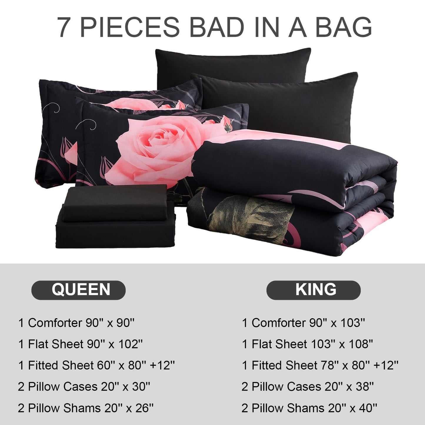 Xruibed Blush Comforter Set King 7 Piece Bed in a Bag Blush Rose Flower Comforter with Sheet Set Soft Micorfiber Bedding Set (1 Comforter,2 Pillow Shams,1 Flat Sheet,1 Fitted Sheet,2 Pillowcases)