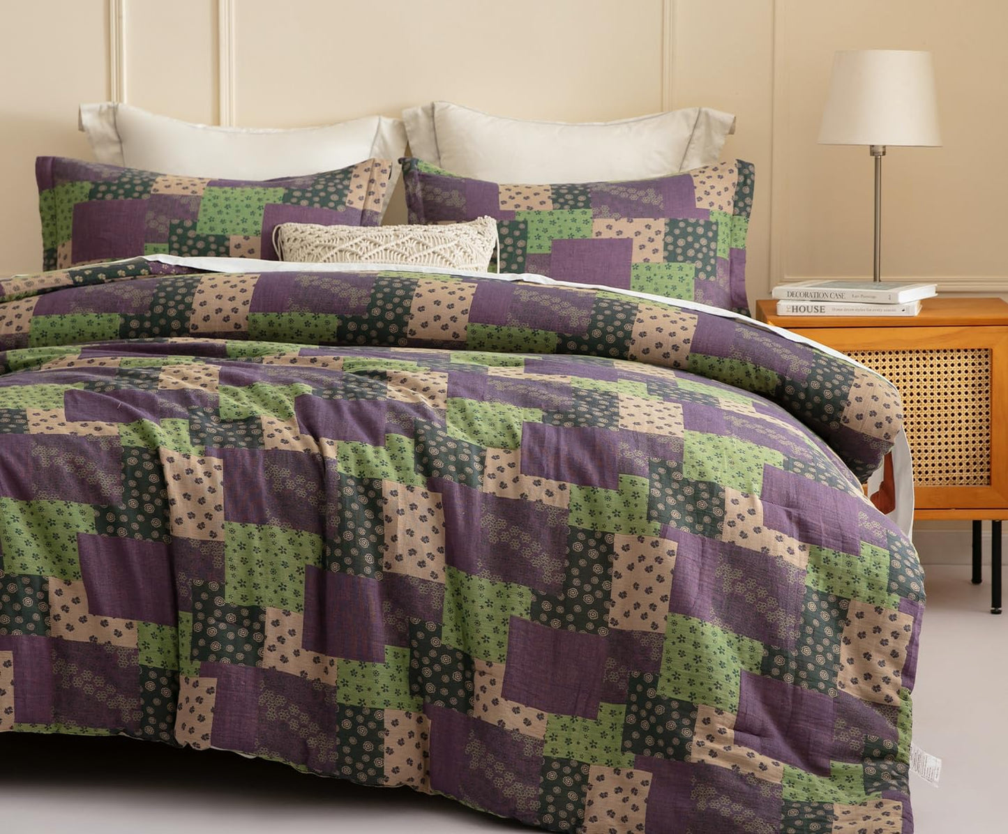 SLEEPBELLA Washed Double Layer Muslin 100% Cotton Comforter Set King Size, Purple Green Patchwork Fluffy Thick Checked Bedding Set, Soft Breathable (1 Comforter, 2 Pillow Shams)