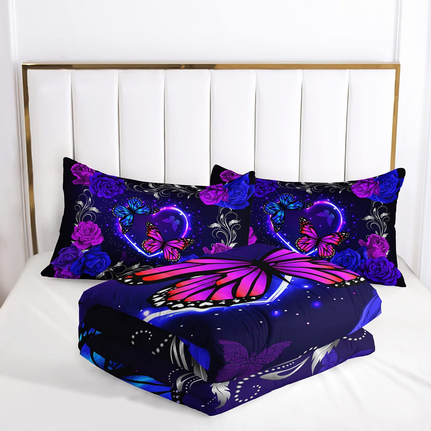 AILONEN Butterfly Comforter Set Queen Size, Blue Purple Flowers Print Bedding Set for Kids Girls Women,Aesthetics Butterflies Pattern Soft Lightweight Duvet Set 3 Pieces(1 Comforter + 2 Pillowcases)