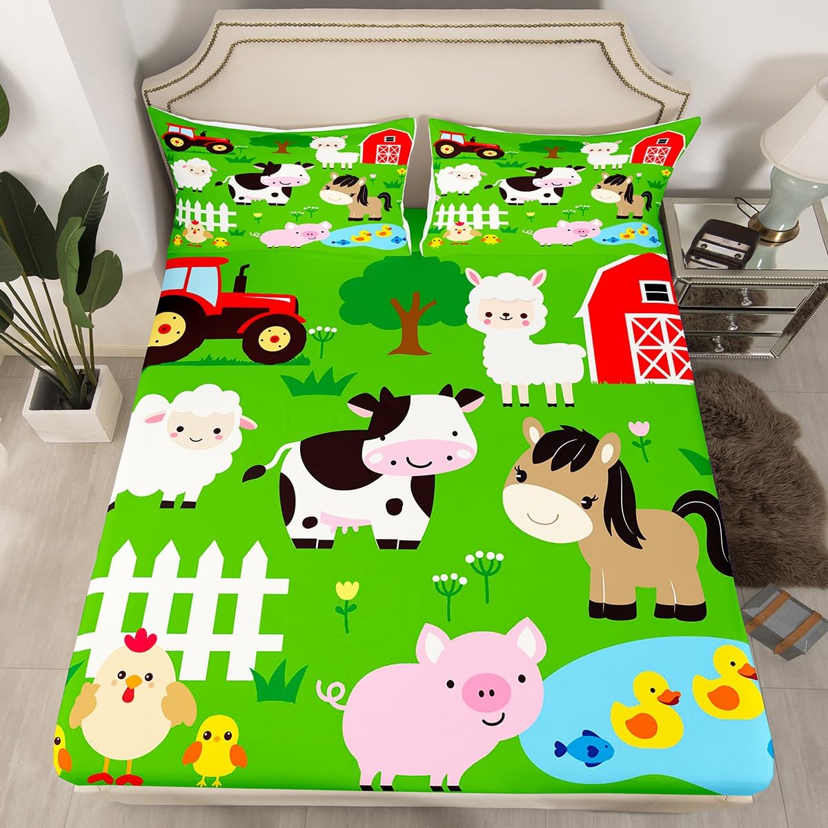 Manfei Farm Animals Kids Fitted Sheet Twin Size, Cow Horse Pig Hen Chicken Sheep Bedding Set 2pcs for Boys Girls, Cartoon Animal Bed Cover with 1 Pillowcase, Soft Polyester Bedding, No Top Sheet