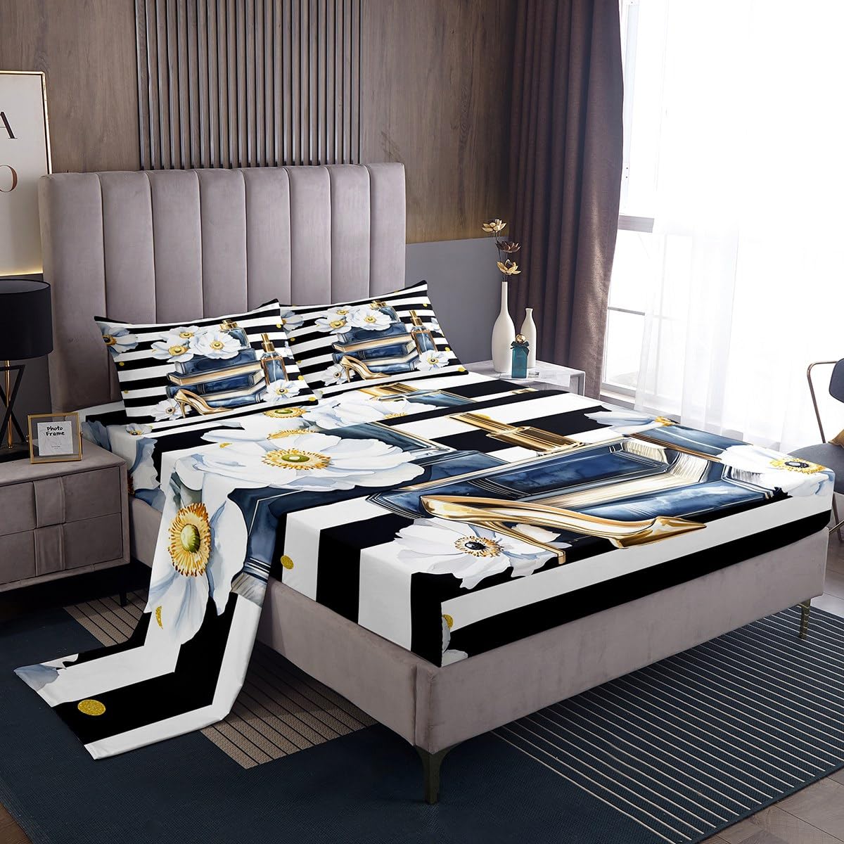 Erosebridal Modern Chic Fashion Sheet Set King Women Trendy Aesthetic Floral Bed Sheets for Girls Teens Navy Blue Watercolor Book and Perfume Sheets Boho Black and White Abstarct Striped Bedding Set