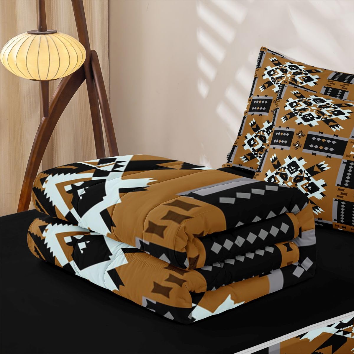 Caramel Tan Southwestern Full Zipper Comforter Set,Lightweight Aztec Tribal 4 Piece Complete Bedding Set Bed in a Bag with Fitted Sheet & Pillowcases,Black and White Geometric for Kids Boys Teen Girls