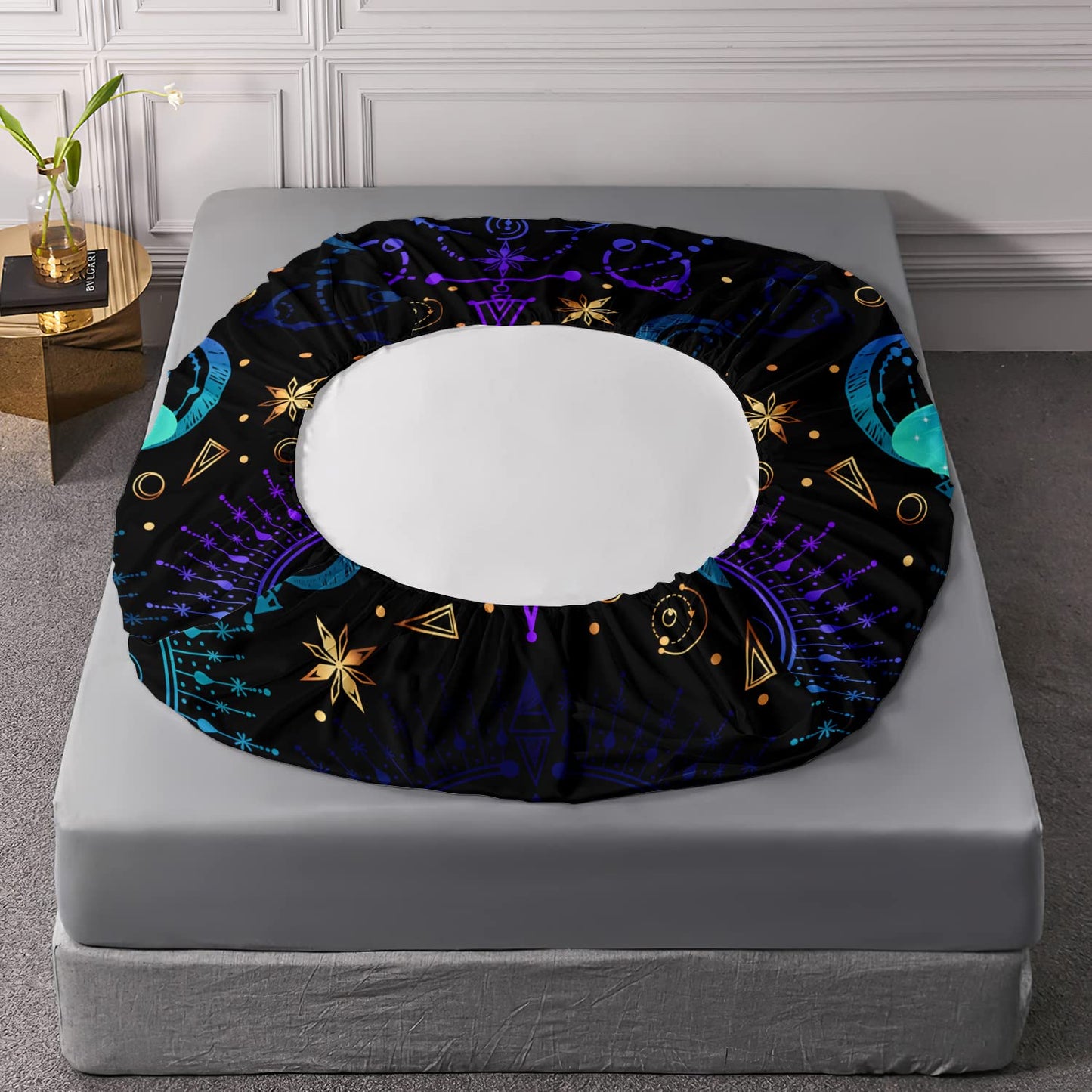 HOSIMA Blue Butterfly Fitted Sheet Boho Bedding Room Decor Aesthetics,Black and Gold Bedding Sets Queen Size,Blue Purple Mystical Totem Print Kids Fitted Sheet Sets for Girls Boys Teens.