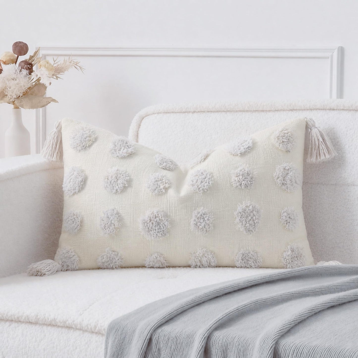 PANOD Super Soft Farmhouse Decorative Plush Throw Pillow Covers 12 x 20 White,Solid Pom pom Tufted with Tassels Modern Accent Boho Lumbar Cushion Cover Pillow Case for Couch Sofa