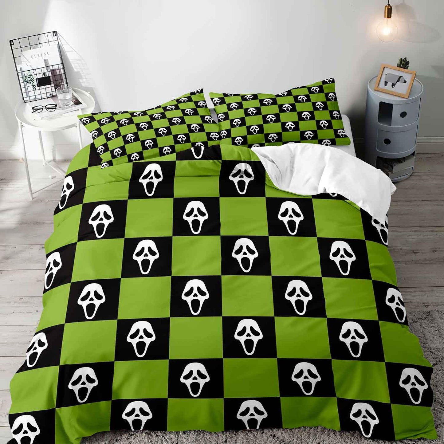 LUVIVIHOME 3PCS Spooky Face Duvet Cover Queen Bedding Sets, Green and Black Checkered Duvet Cover, Halloween Horror Scary Scream Ghost Grid Buffalo Plaid Comforter Cover, Bed in a Bag, 2 Pillow Cases