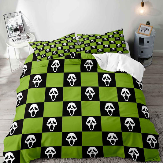 LUVIVIHOME 3PCS Spooky Face Duvet Cover Queen Bedding Sets, Green and Black Checkered Duvet Cover, Halloween Horror Scary Scream Ghost Grid Buffalo Plaid Comforter Cover, Bed in a Bag, 2 Pillow Cases