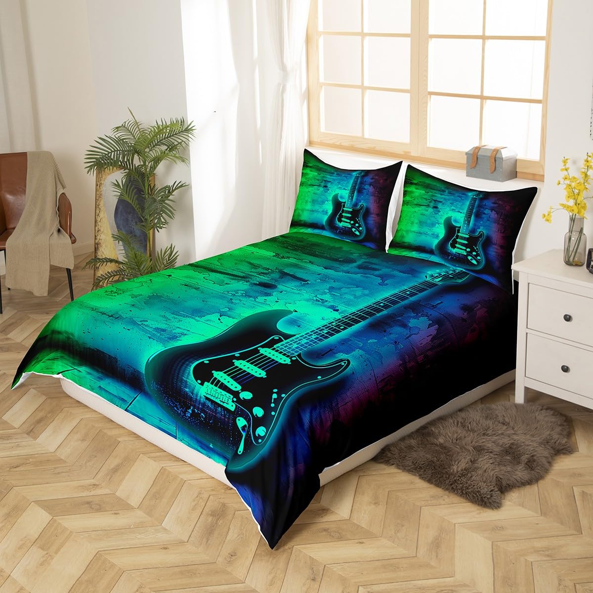 Electric Guitar Duvet Cover,Stringed Musical Instruments Bedding Set for Kids Child Boys Youth,Gradient Tie Dye Blue Teal Green Comforter Cover Set Hip Hop Pop Music Hipster Bedroom Decor King Size