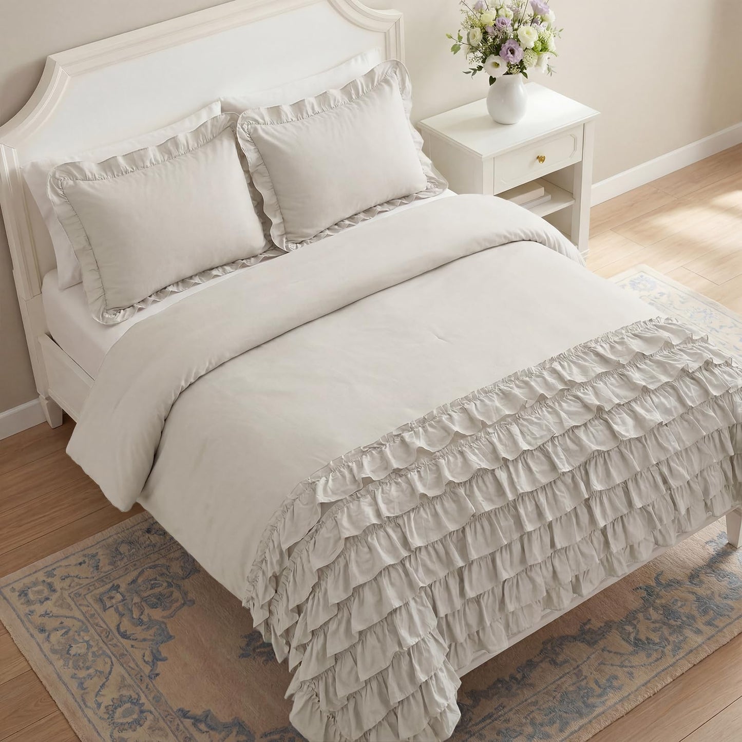 Bedorm 100% Cotton Duvet Cover Set King Beige Ruffle Bedding Set Multi-Layers Ruffled Design Shabby Chic Duvet Cover 3Pcs Soft Breathable Cotton Bed Set