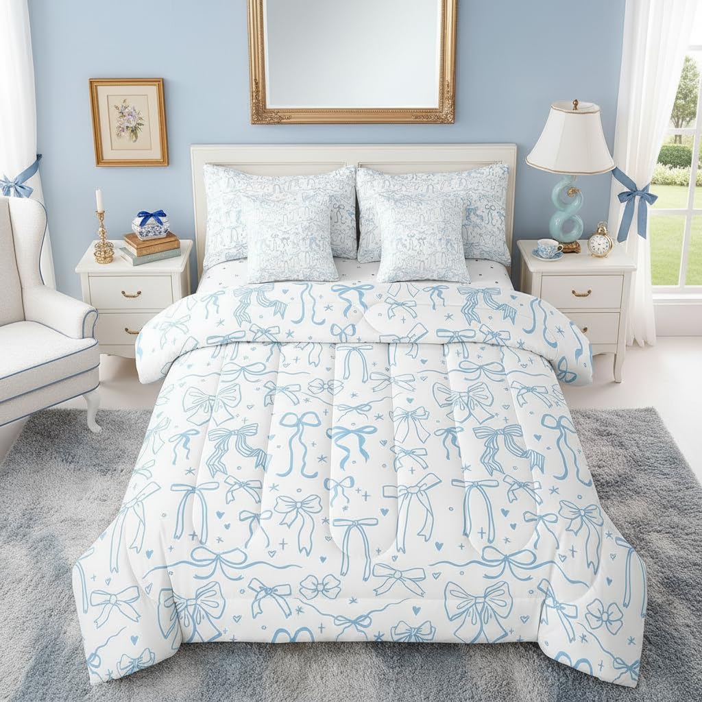 Cute Blue Bowknot 7Pcs Comforter Set Full Size,Cartoon Hand Drawn Stars Love Bow Bedding Set,Kids Girls Sweet Princess Style Fitted Flat Sheet Teens Woman Room Decor,Modern Romantic 4 Pillow Cover