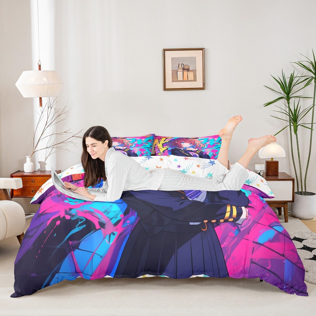 Erosebridal Girls Japanese Anime Bedding Set Full, Kawaii Anime Girl Comforter Cover Cartoon Girl Duvet Cover for Kids Teens Adult, Japanese Animation Sci Fi Style Bed Set, 2 Pillow Cases
