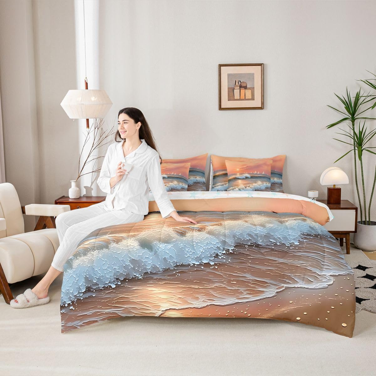 Erosebridal Ocean Sunset Sailboat Queen Bedding Set Pastel Coastal Comforter Set Kids Adults Wave Sand Tropical Summer 7-Piece Bed in a Bag Soft Watercolor Beach Nautical Quilt Sets