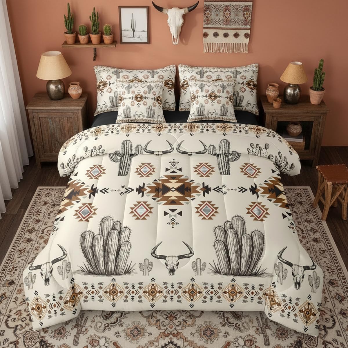 Erosebridal Western Aztec Bedding Set King Rustic Country Southwestern Comforter Set 7 Piece Boho Tribal Geometric Ethnic Bull Skull Bed in A Bag Vintage Native American Quilt with Flat Fitted Sheet