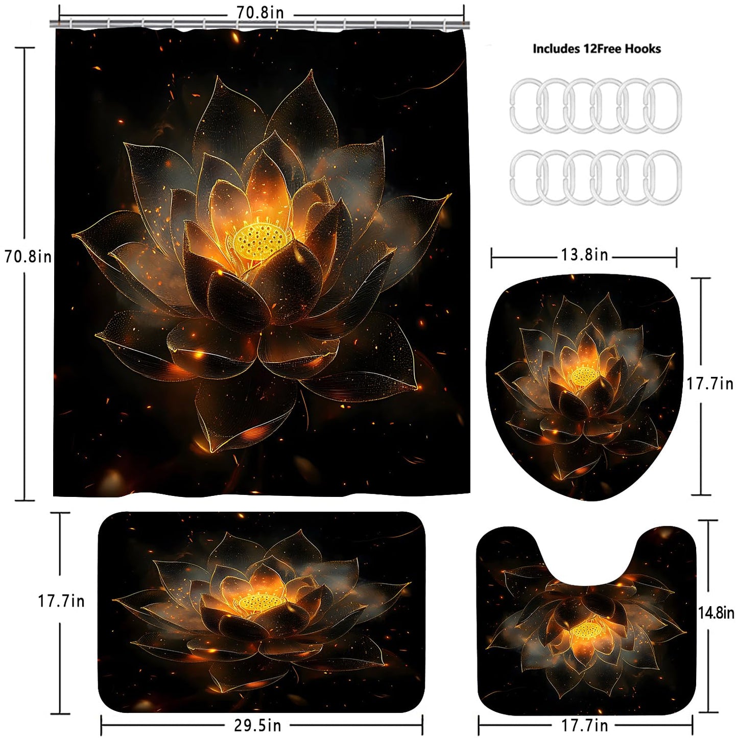 AZHM Luxury Golden Lotus Shower Curtain Set 4 PCS Black Gold Floral Bathroom Decor Set with Non-Slip Bath Rugs, Toilet Lid Cover and U-Shaped Mat
