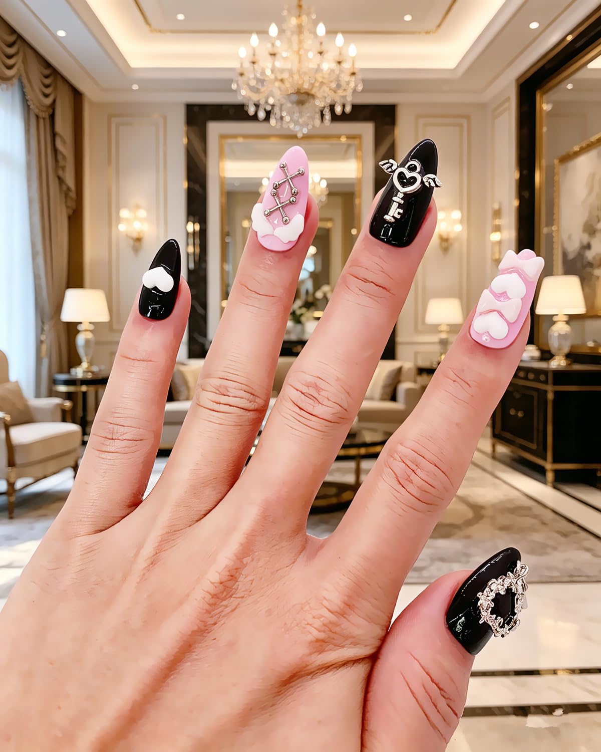 CAMILCY Luxury Handmade Press on Nails Pink Black Almond Short Gothic Heart Cross Charms Long Fake Nails Glossy Full Cover Reusable Acrylic Nail Tips for Women 10pcs (A080, M)