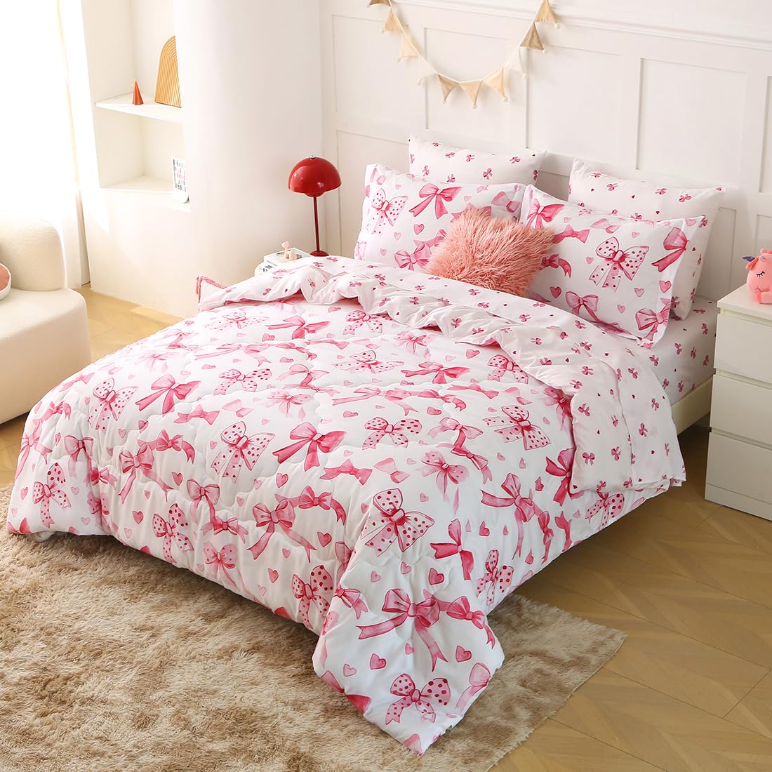 Gusuhome Girls Bow Comforter Bedding Set Twin Size 7 Piece Pink Reversible Bowknot Comforter Set Bed in A Bag for Kids Teens All Season (Comforter,Flat Sheet,Fitted Sheet and Pillow Sham)