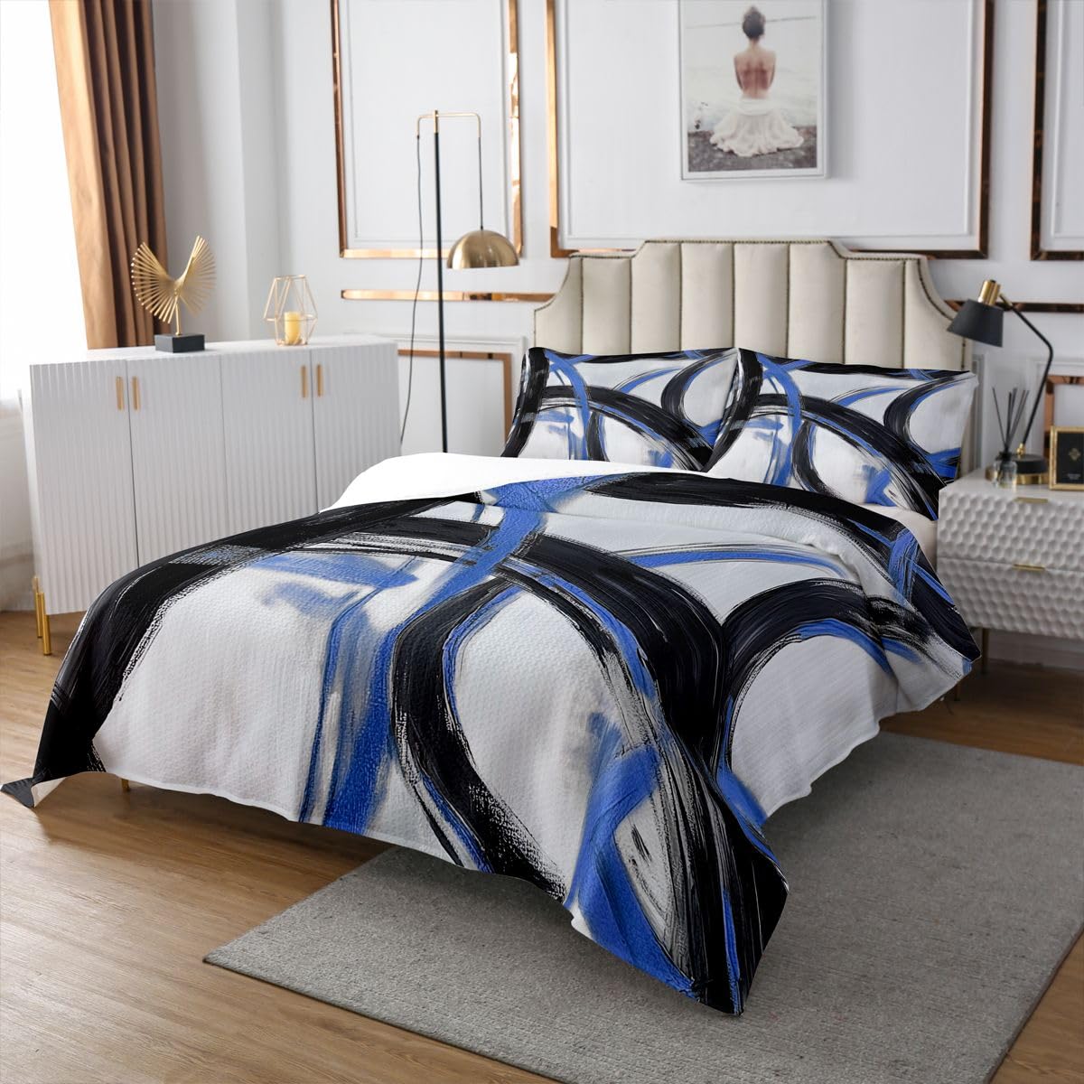 jejeloiu Blue and Black Striped Bedspread Quilts Abstract Gromment Stripes Coverlet Set King Size for Kids Boys Girls Modern Geometric Quilted Coverlet for All Season with 2 Pillowcases Microfiber